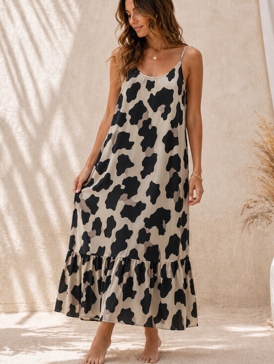 MISSLOOK Dresses & Skirts - MISSLOOK Black And Tan Print Satin Maxi Dress Small With Pockets Tiered Hem
